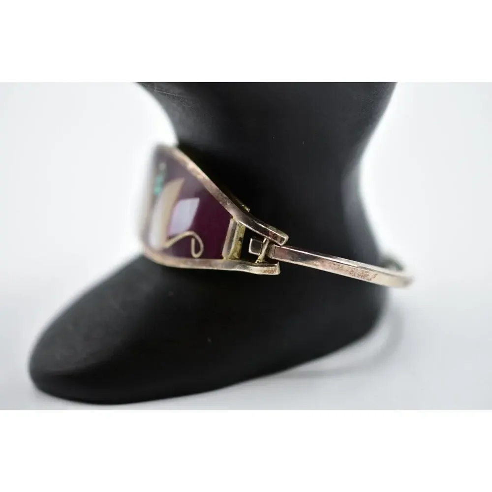 Vintage Bangle Bracelet Mexico Hinged Silver Mother Pearl Inlay Red Enamel Bin2